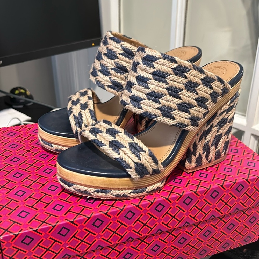 Tory Burch Lola 100mm Sandal Navy Jute 7.5
